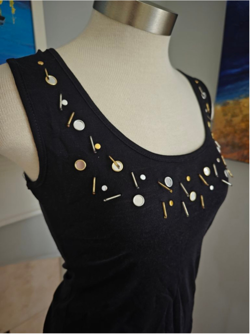 Women's wool Black Embellished Tank Top(Hand Wash)